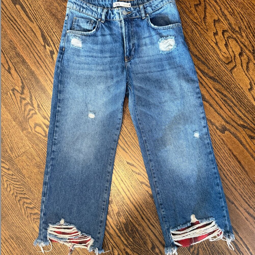 ZARA High Rise Wide Leg Raw Crop- Plaid Detail- Dark Wash